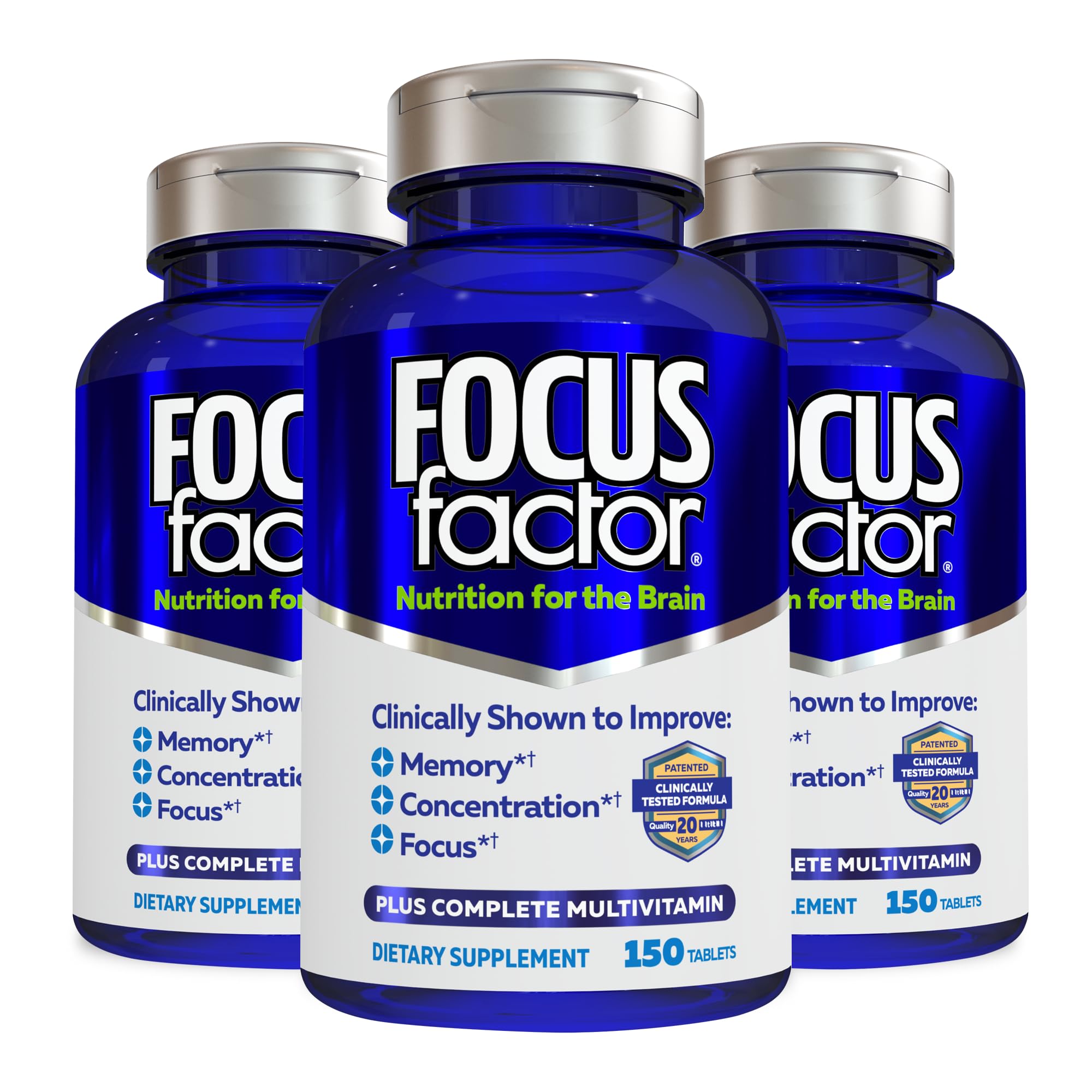 Focus Factor bottle front showing a brain health supplement for daily support.