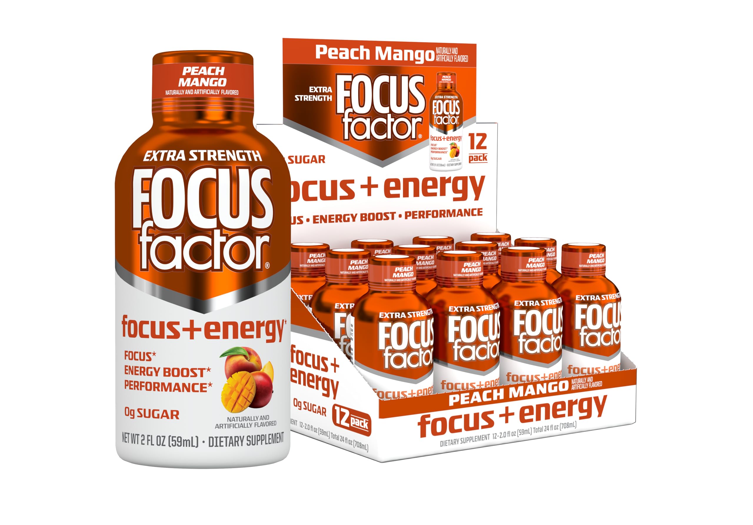 Focus Factor extra strength peach mango shot bottle front view for quick focus on the go