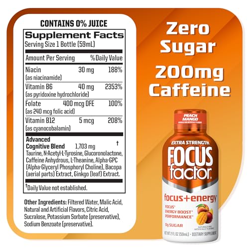 Focus Factor extra strength peach mango shot on the side for portable energy