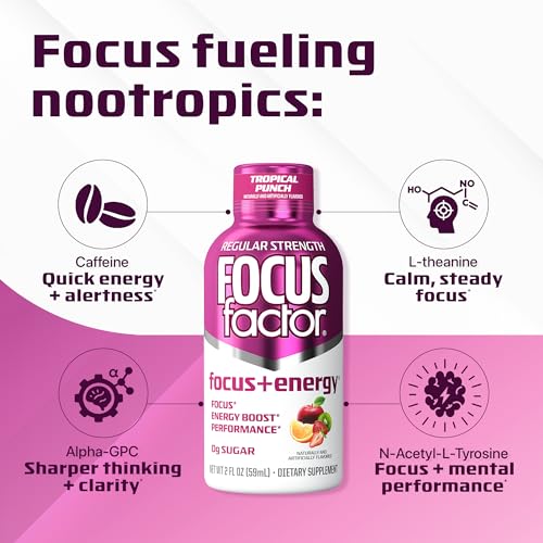 Focus Factor Focus + Energy Shot Tropical Punch label closeup with branding.