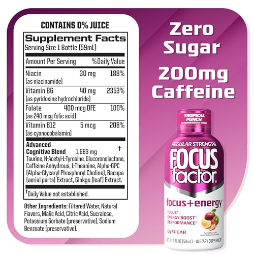 Focus Factor Focus + Energy Shot Tropical Punch pour showing liquid texture.