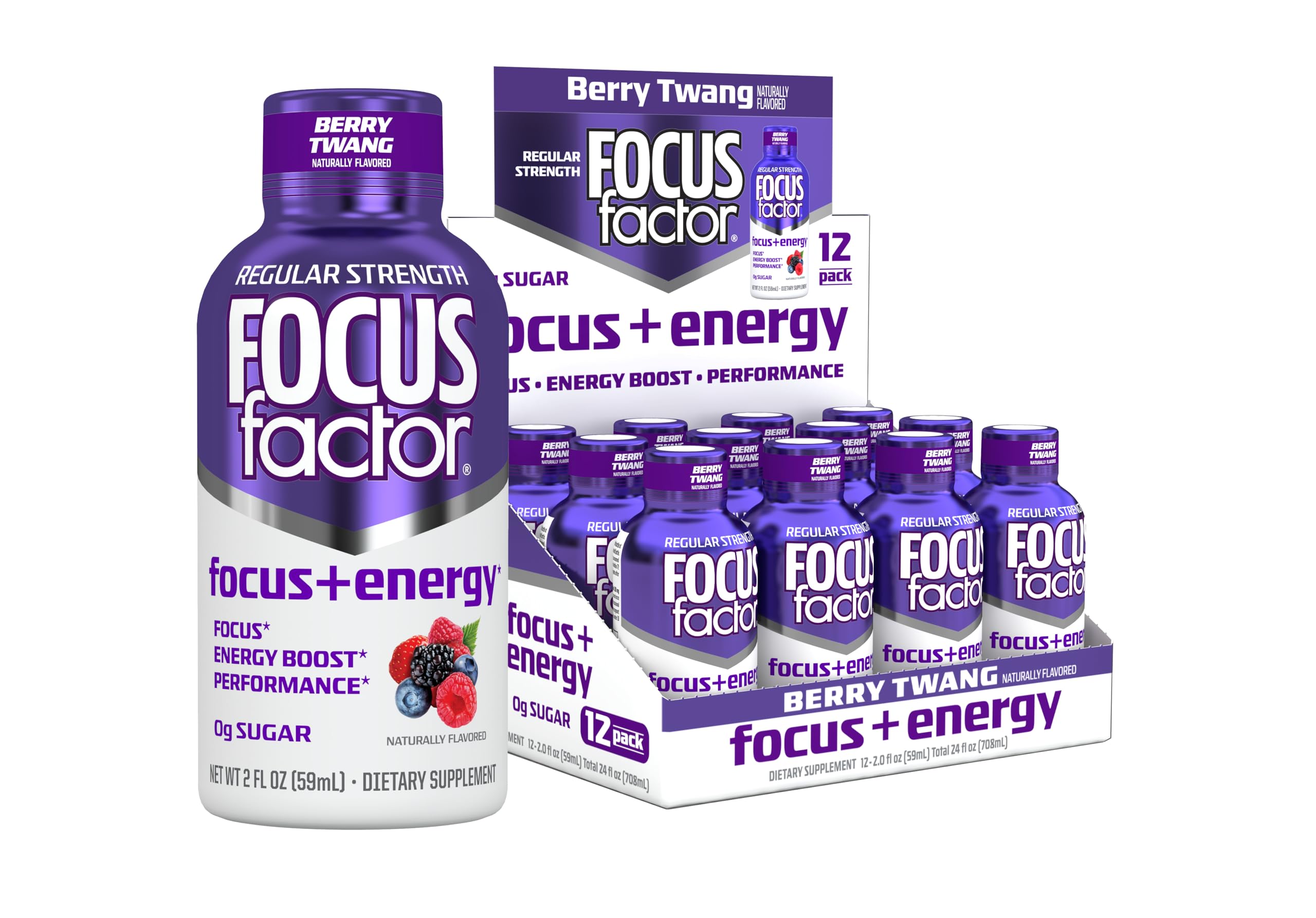 Focus Factor Focus + Energy Shots Berry Twang bottle for a quick sugar-free focus boost.