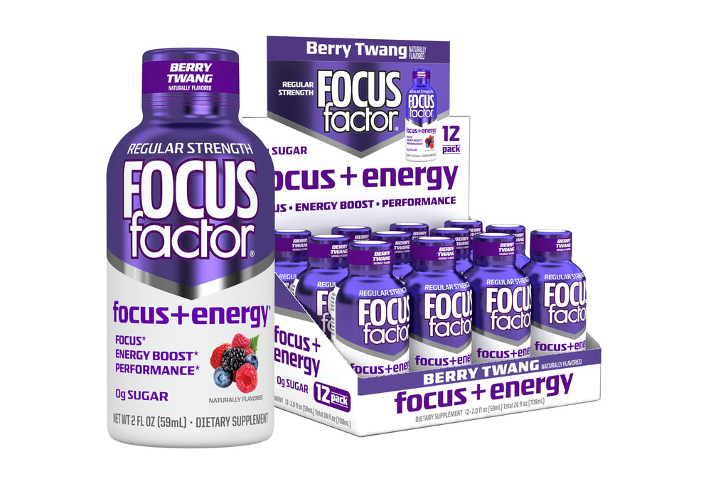Focus Factor Focus + Energy Shots Berry Twang bottle for a quick sugar-free focus boost.