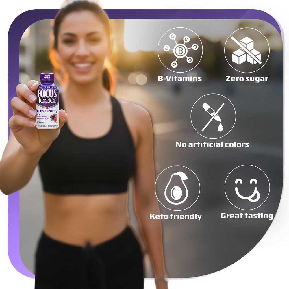 Focus Factor Berry Twang bottle close-up emphasizes caffeine and nootropic blend.