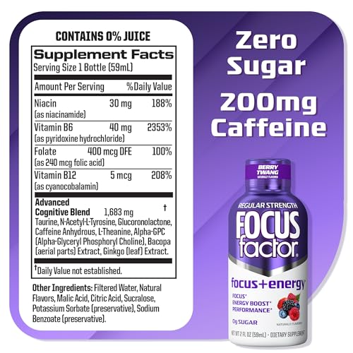 Focus Factor Berry Twang bottle pour highlights quick, on-the-go focus.