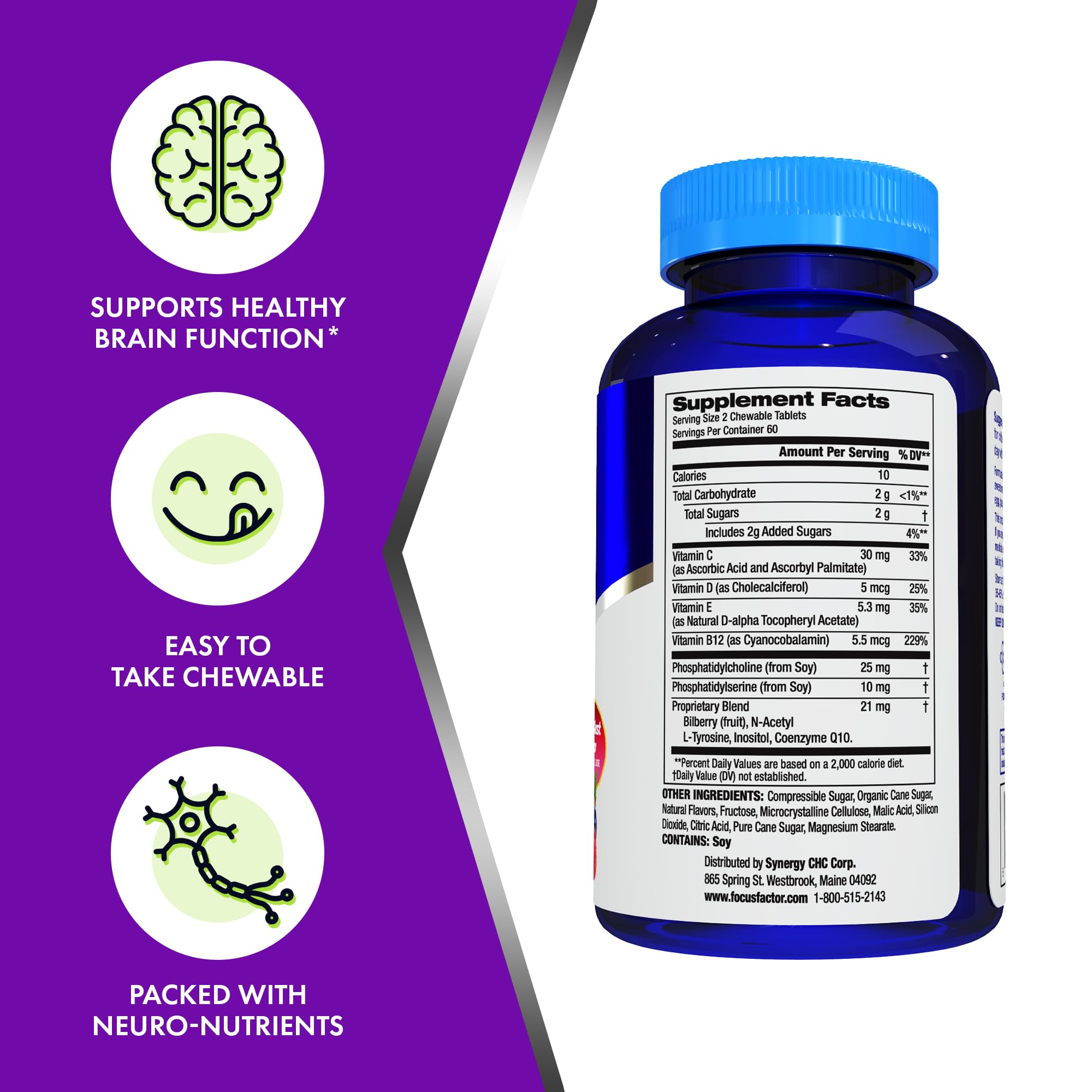 Focus Factor Kids chewables nutrition label emphasizing high-quality ingredients