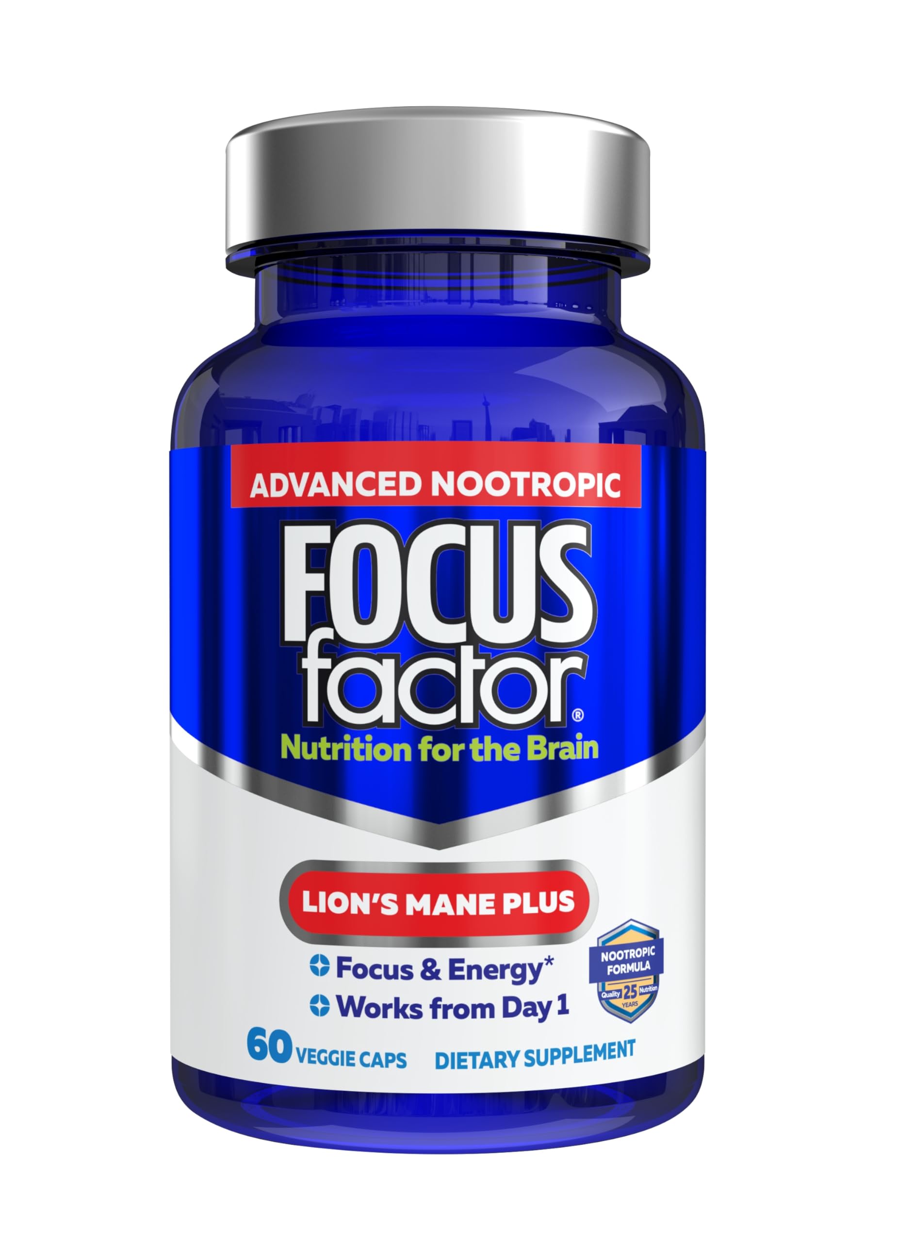 Focus Factor Lions Mane Plus bottle close-up showing 60 vegetarian capsules for daily focus