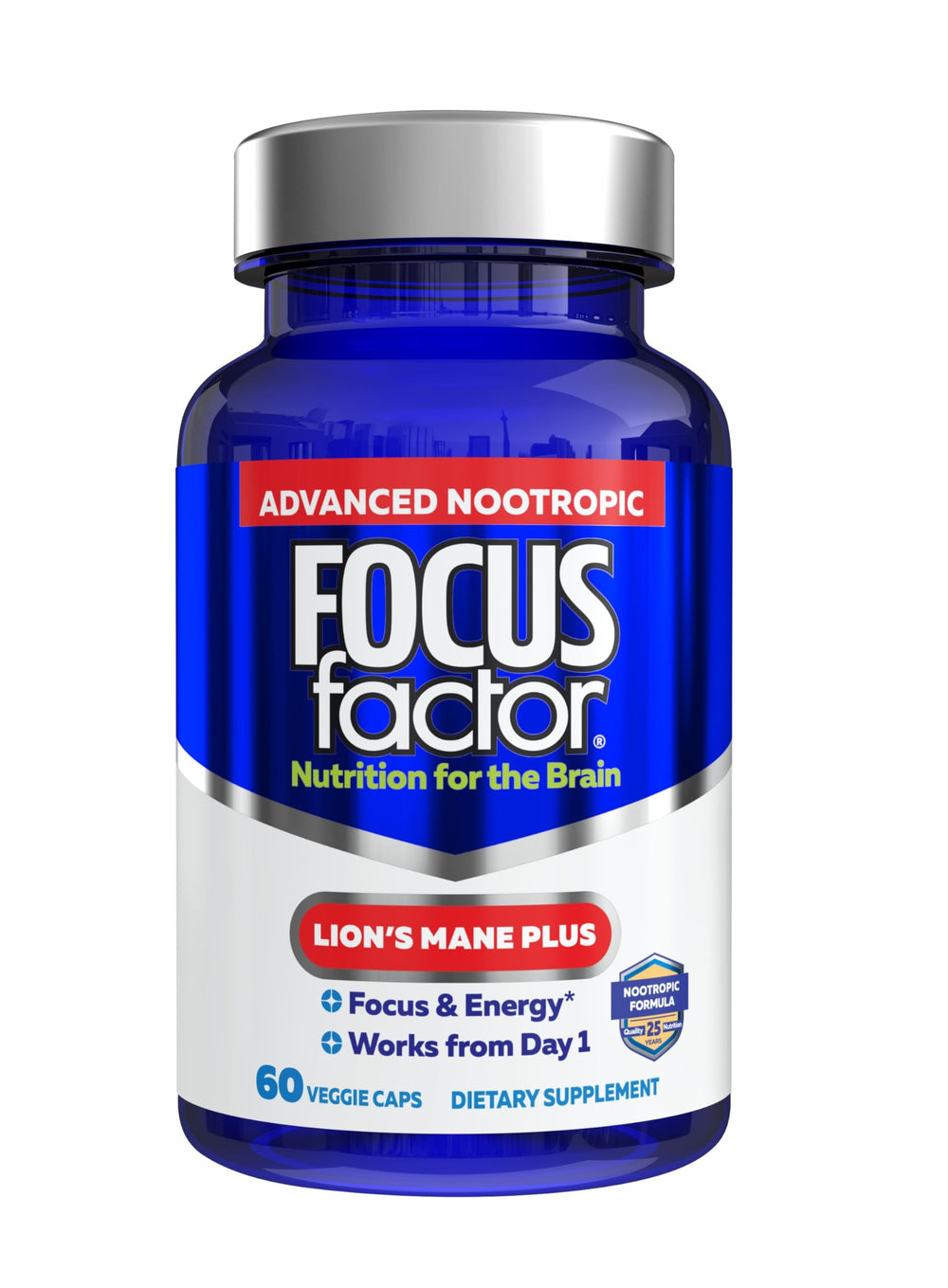 Focus Factor Lions Mane Plus bottle close-up showing 60 vegetarian capsules for daily focus