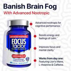Label on Focus Factor Lions Mane Plus highlights 1200 mg Lion's Mane per serving