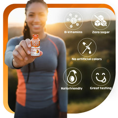Peach mango flavor splash suggesting refreshing, sugar-free energy option