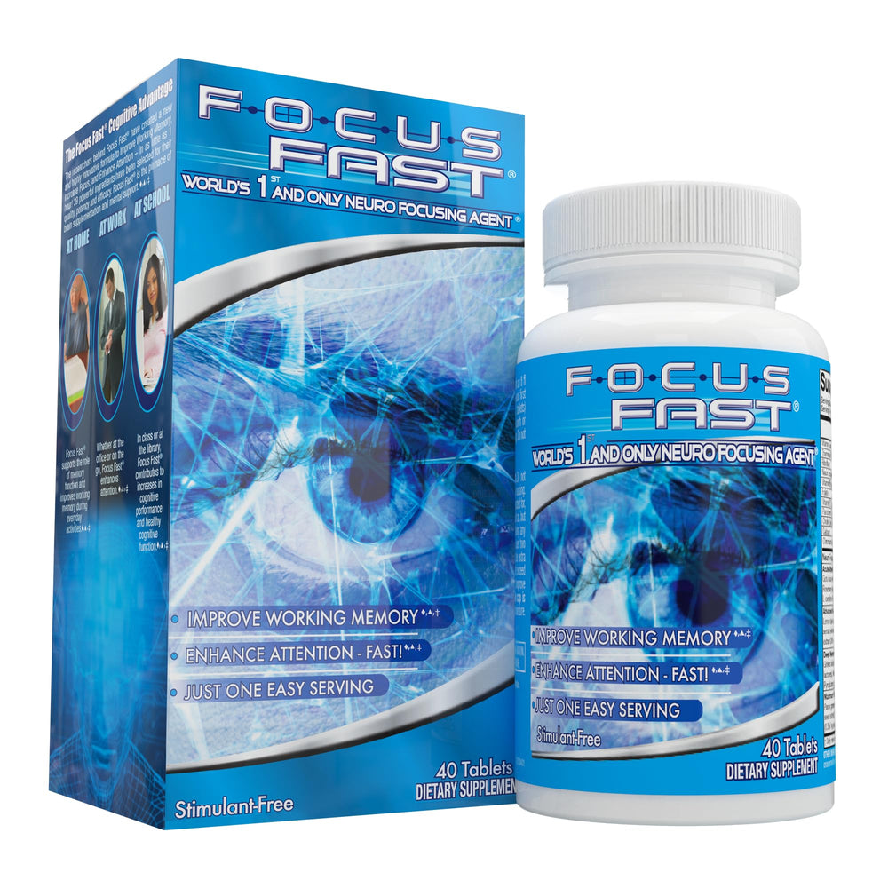 Focus Fast bottle close-up showing stimulant-free focus support.