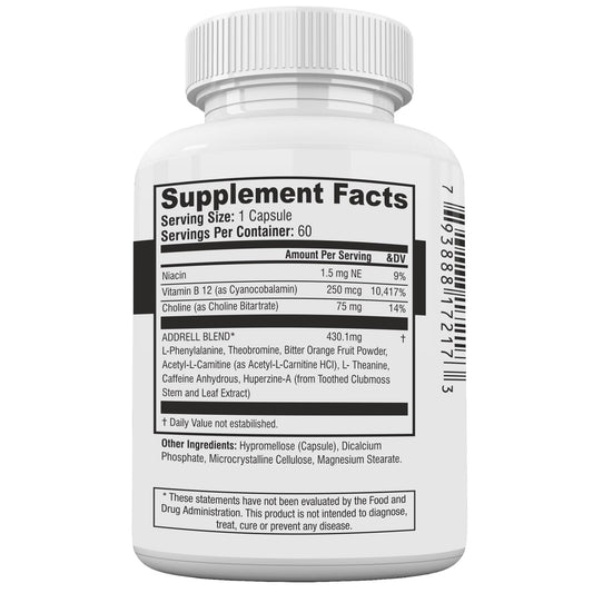 Close-up of Focus Pep Addrell capsules highlighting natural herbal ingredients