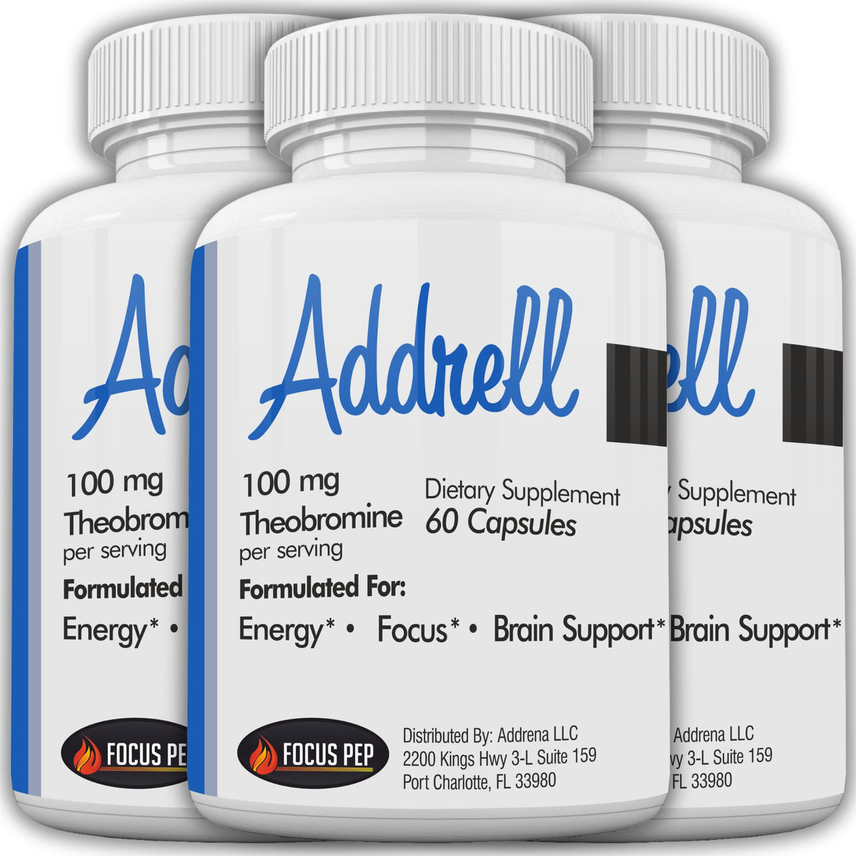 Focus Pep Addrell energy stimulant bottle on a desk supports studying and focus.