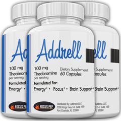 Focus Pep Addrell energy stimulant bottle on a desk supports studying and focus.