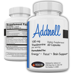 Focus Pep Addrell energy stimulant bottle promotes mental clarity during study sessions.