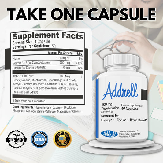 Focus Pep Addrell pills closeup shows compact tablets for quick cognitive support.