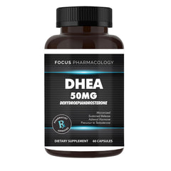 Focus Pharmacology DHEA 50mg bottle on desk, convenient daily energy support for adults.