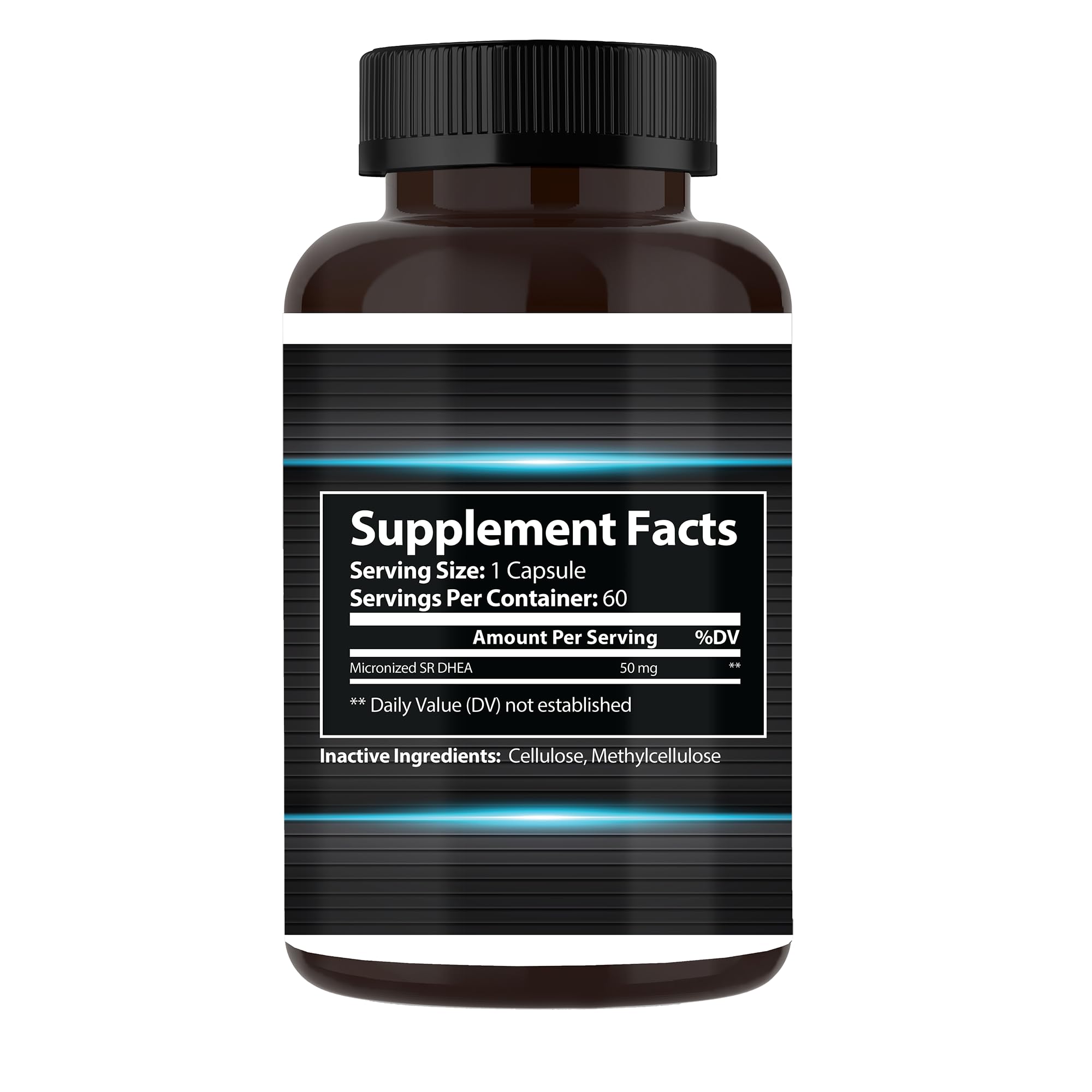 Close-up of Focus Pharmacology DHEA 50mg capsules, compact bottle for travel and routine use.