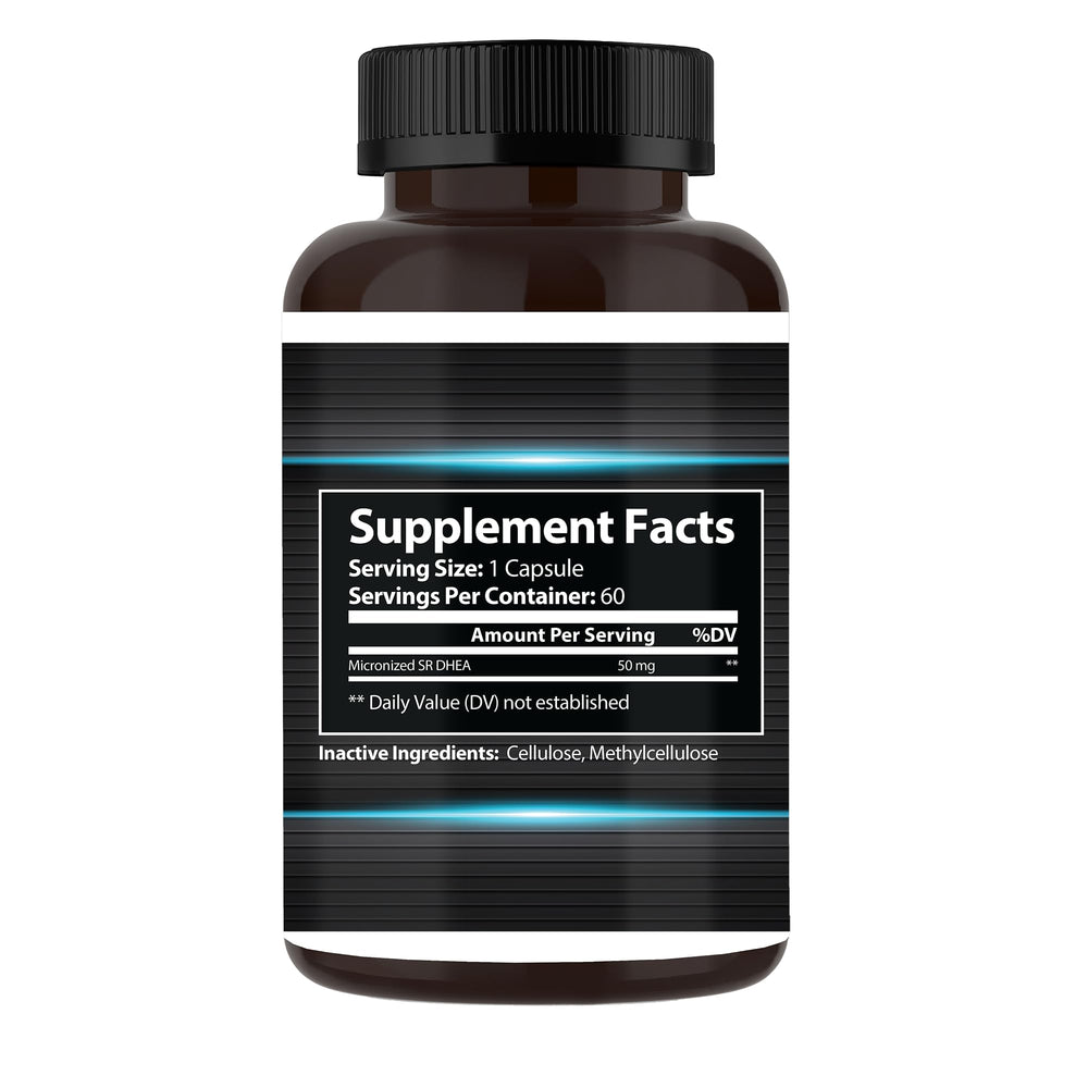 Close-up of Focus Pharmacology DHEA 50mg capsules, compact bottle for travel and routine use.