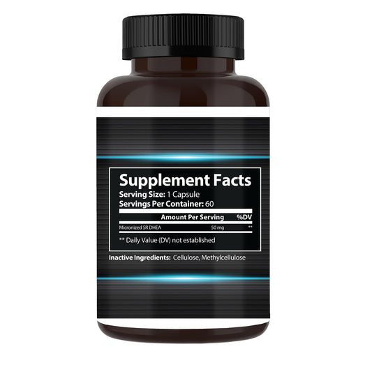 Close-up of Focus Pharmacology DHEA 50mg capsules, compact bottle for travel and routine use.