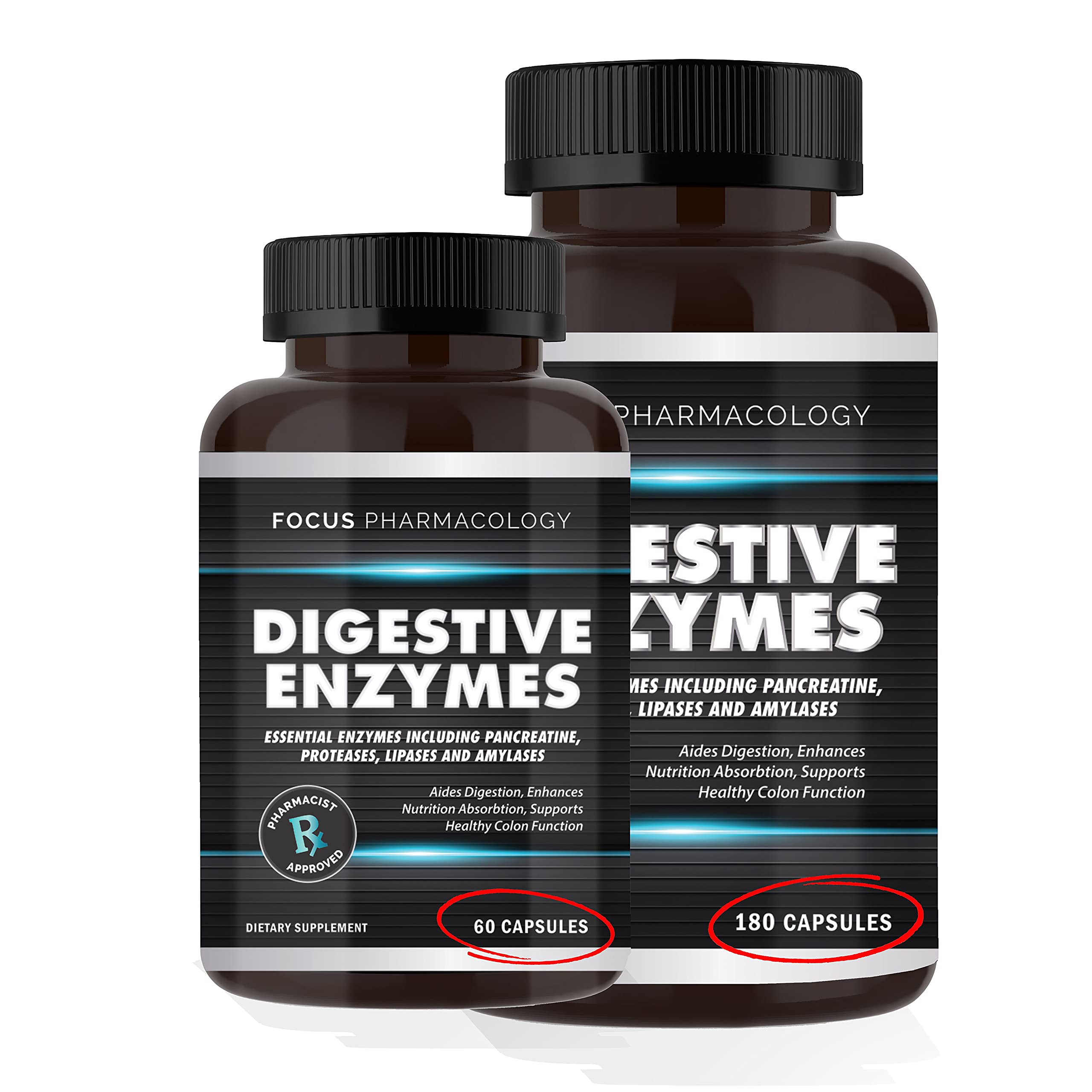 Focus Pharmacology digestive enzyme tablets close-up ready before meals
