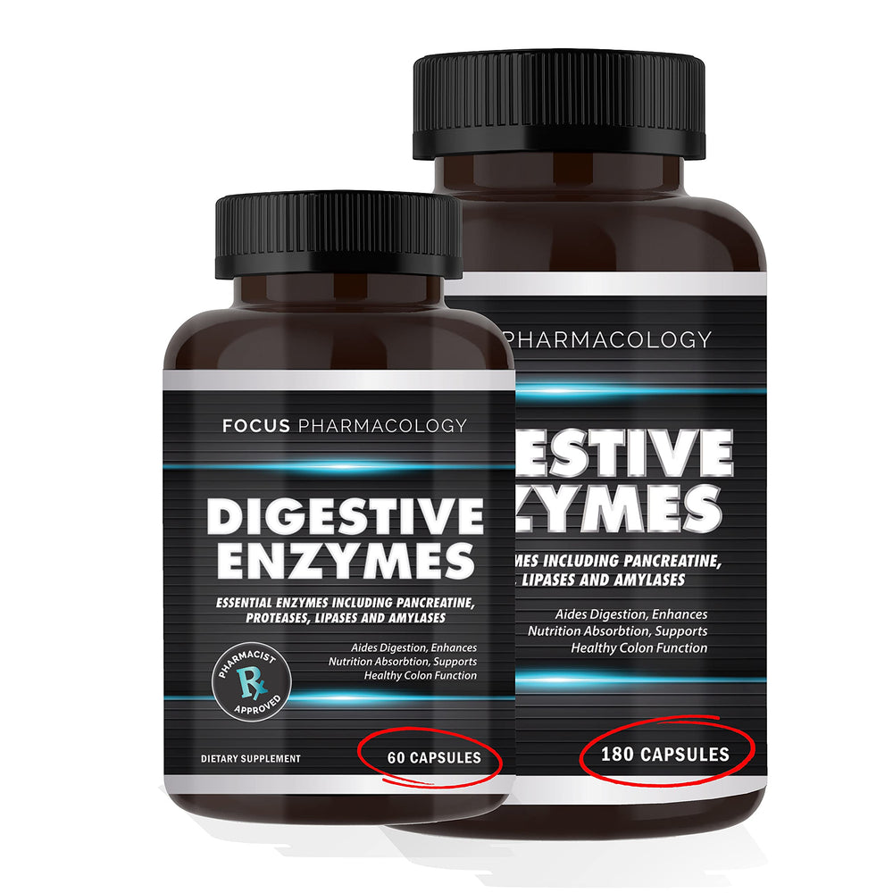 Focus Pharmacology digestive enzyme tablets close-up ready before meals
