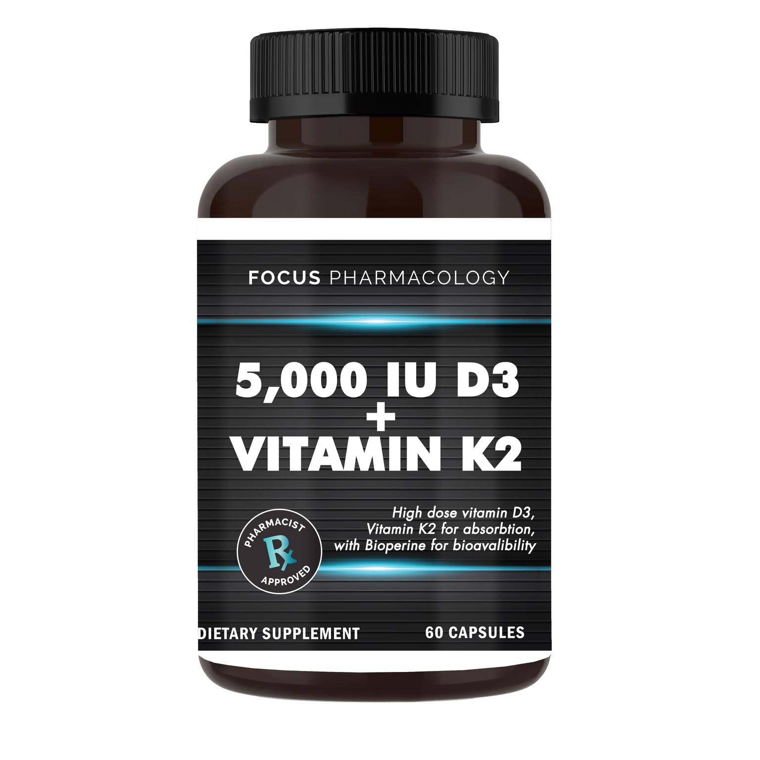 Focus Pharmacology bottle with 60 capsules for vitamin D3 and K2, supporting calcium balance.