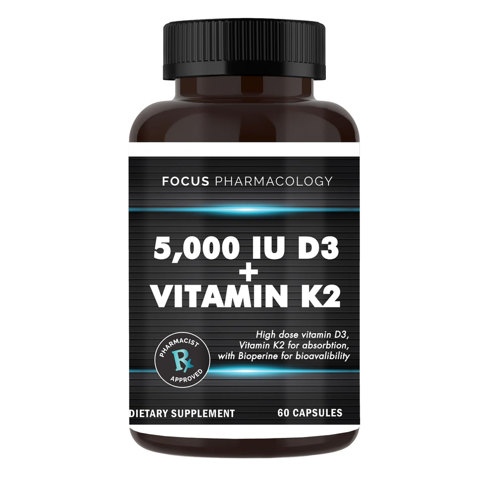 Focus Pharmacology bottle with 60 capsules for vitamin D3 and K2, supporting calcium balance.