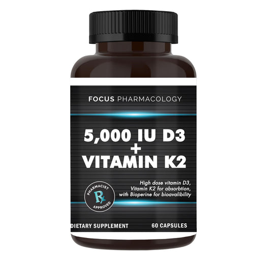 Focus Pharmacology bottle with 60 capsules for vitamin D3 and K2, supporting calcium balance.