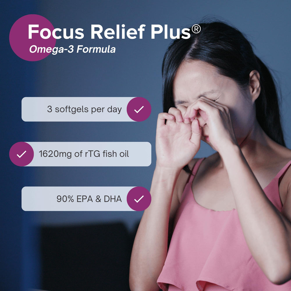 Focus Relief Plus capsules in hand illustrating convenient once-daily intake.