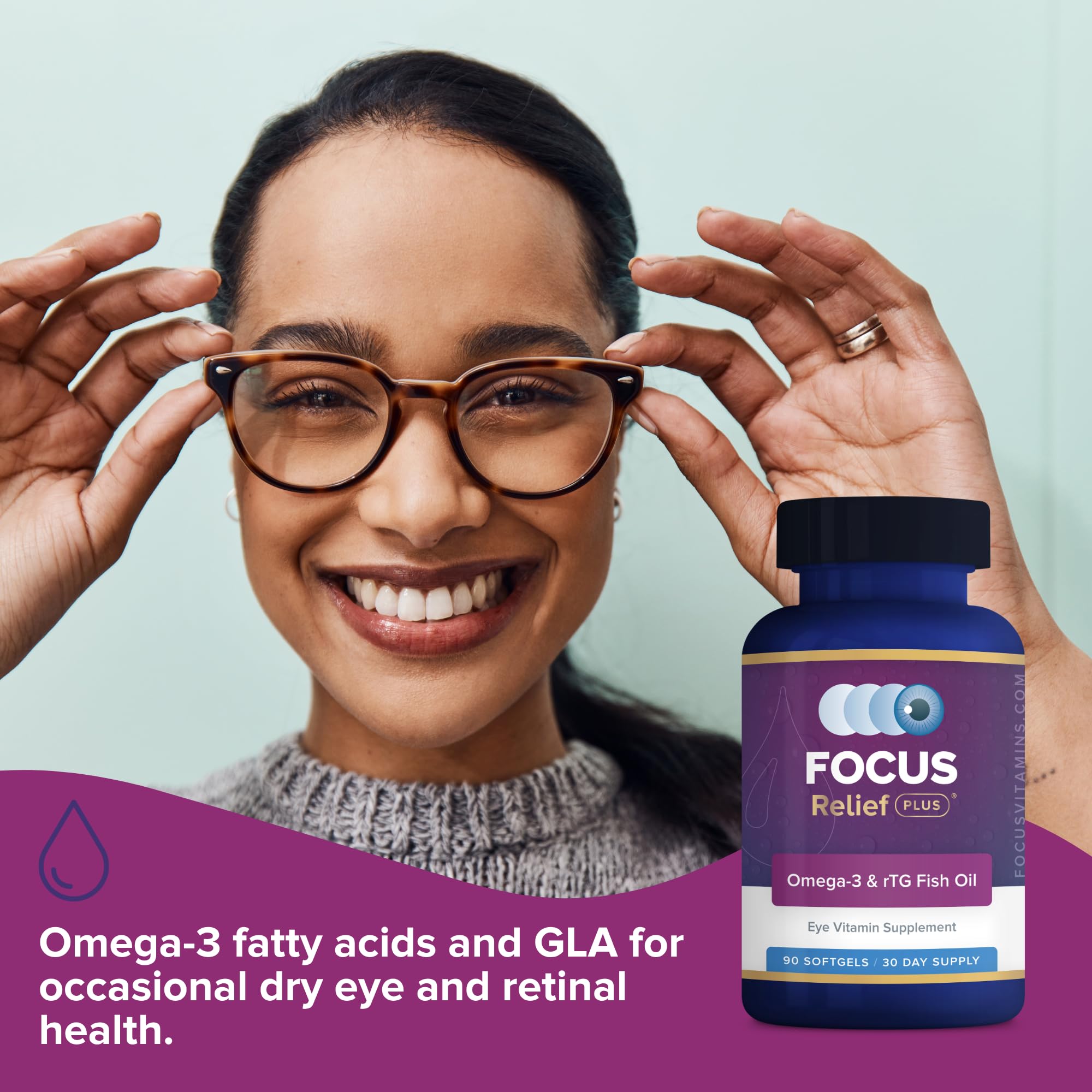 Focus Relief Plus on morning routine with water for daily ocular care.
