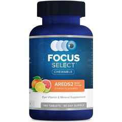 Focus Select AREDS2 bottle with citrus chewable label highlighting ocular health benefits