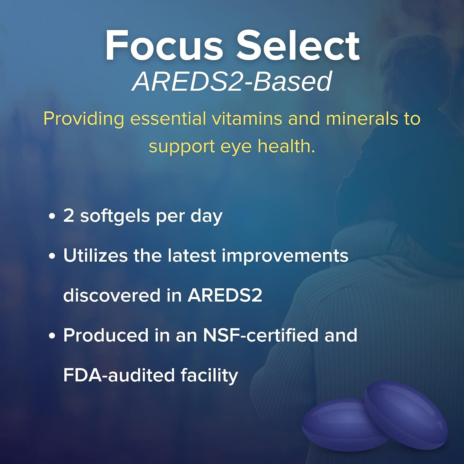 Closeup of Focus Select softgel capsules for easy daily intake.