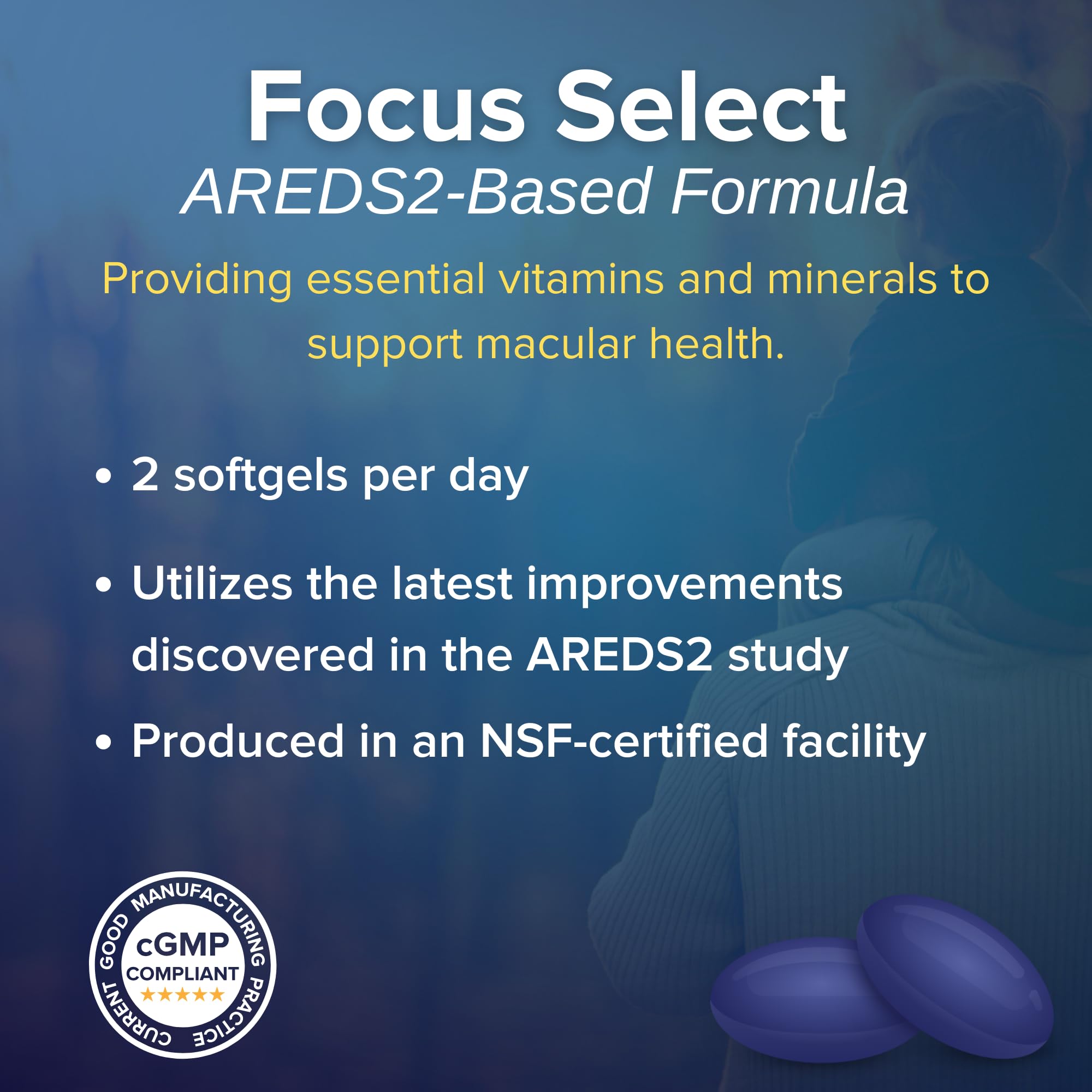 Front label highlights lutein and zeaxanthin in the AREDS2 formula from Focus Vision.