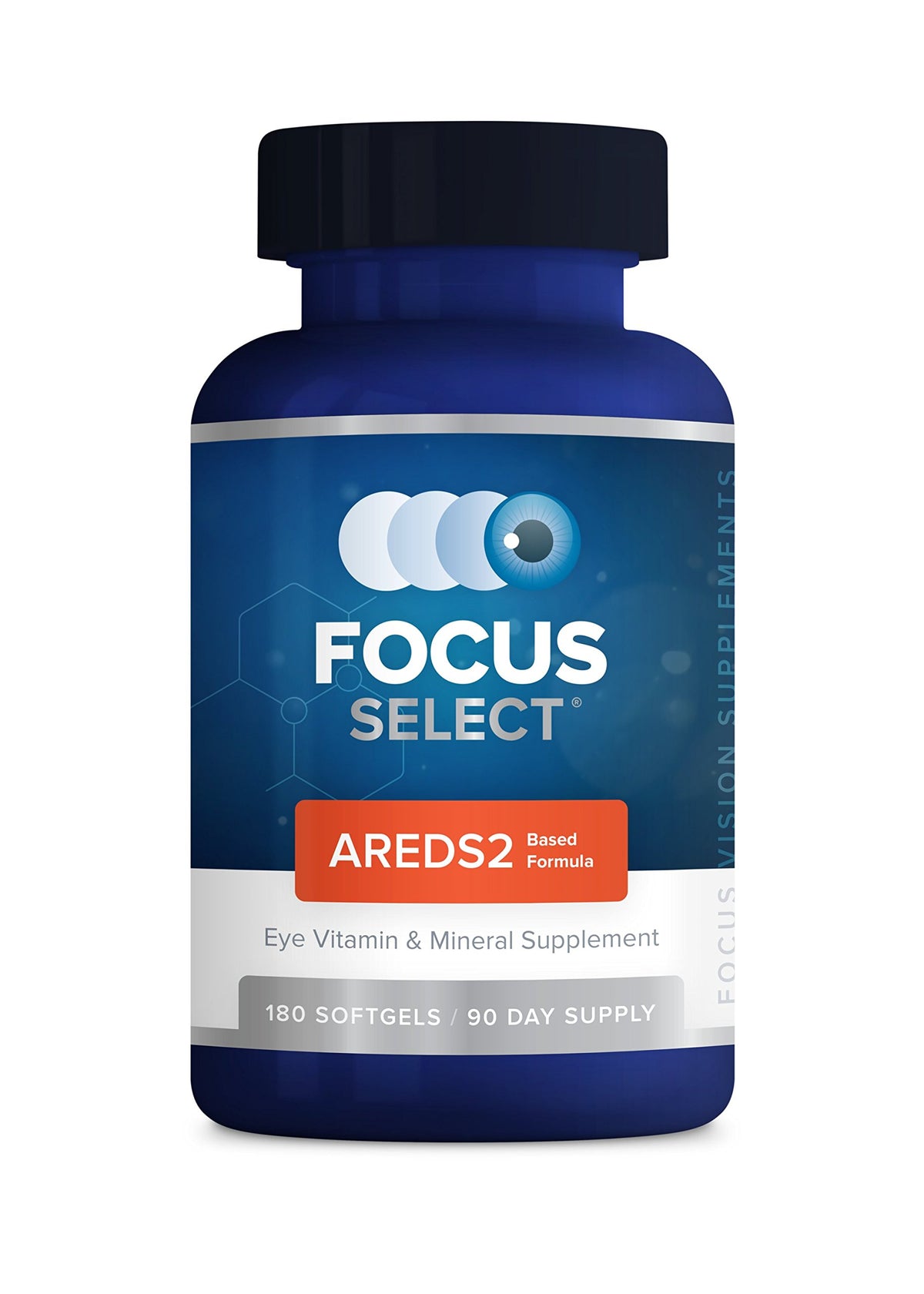 Focus Vision Supplements Focus Select AREDS2 bottle supports eye health with a low zinc profile.