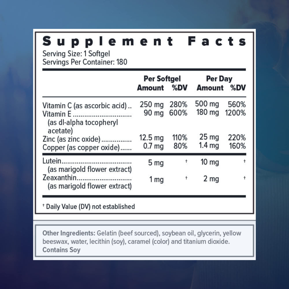 Close-up of Focus Select AREDS2 softgels demonstrating easy-to-swallow design for daily dosing.