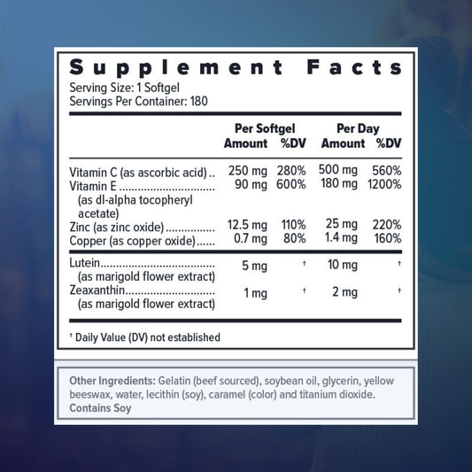 Close-up of Focus Select AREDS2 softgels demonstrating easy-to-swallow design for daily dosing.