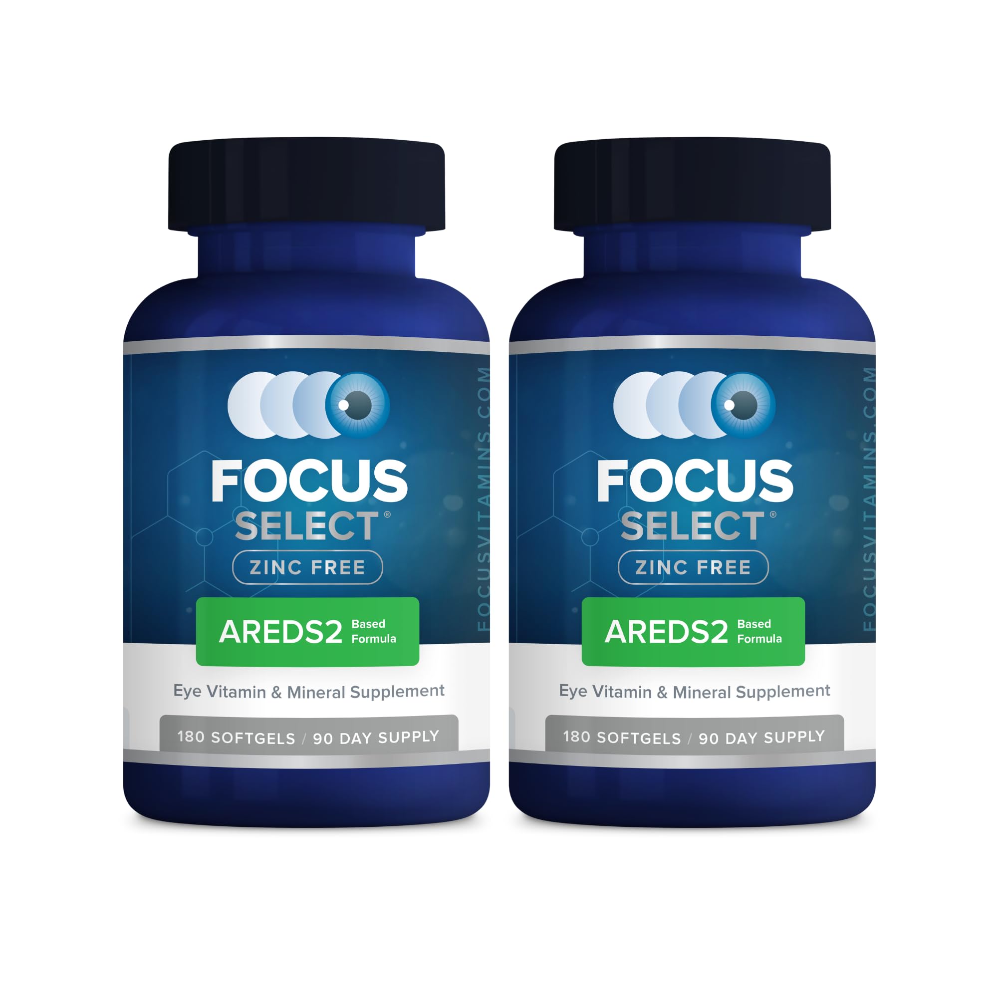 Focus Vision Focus Select Zinc Free bottle front highlighting zinc-free AREDS2 vitamins for eye support.