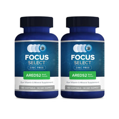 Focus Vision Focus Select Zinc Free bottle front highlighting zinc-free AREDS2 vitamins for eye support.