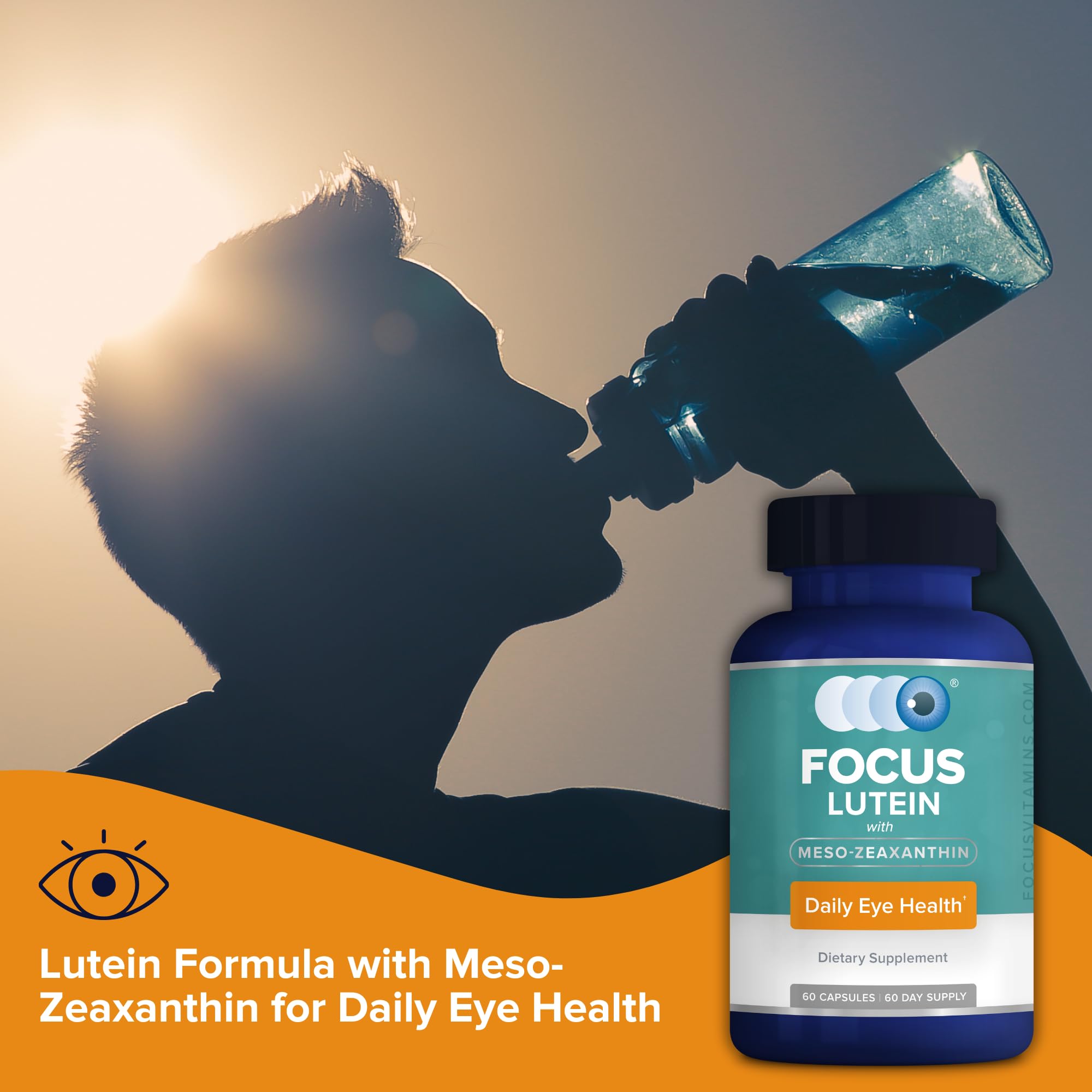 Focus Vision Supplements bottle beside a laptop illustrating blue light eye protection for screen users.