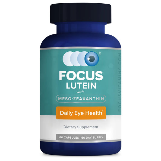 Focus Vision Supplements lutein bottle front view for eye support during daily digital use.