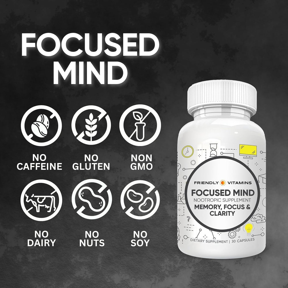 Focused Mind capsules close-up highlighting softgel capsules for easy ingestion.
