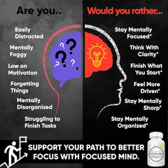 Focused Mind ingredients label showing bacopa, ginkgo, rhodiola for mental support.