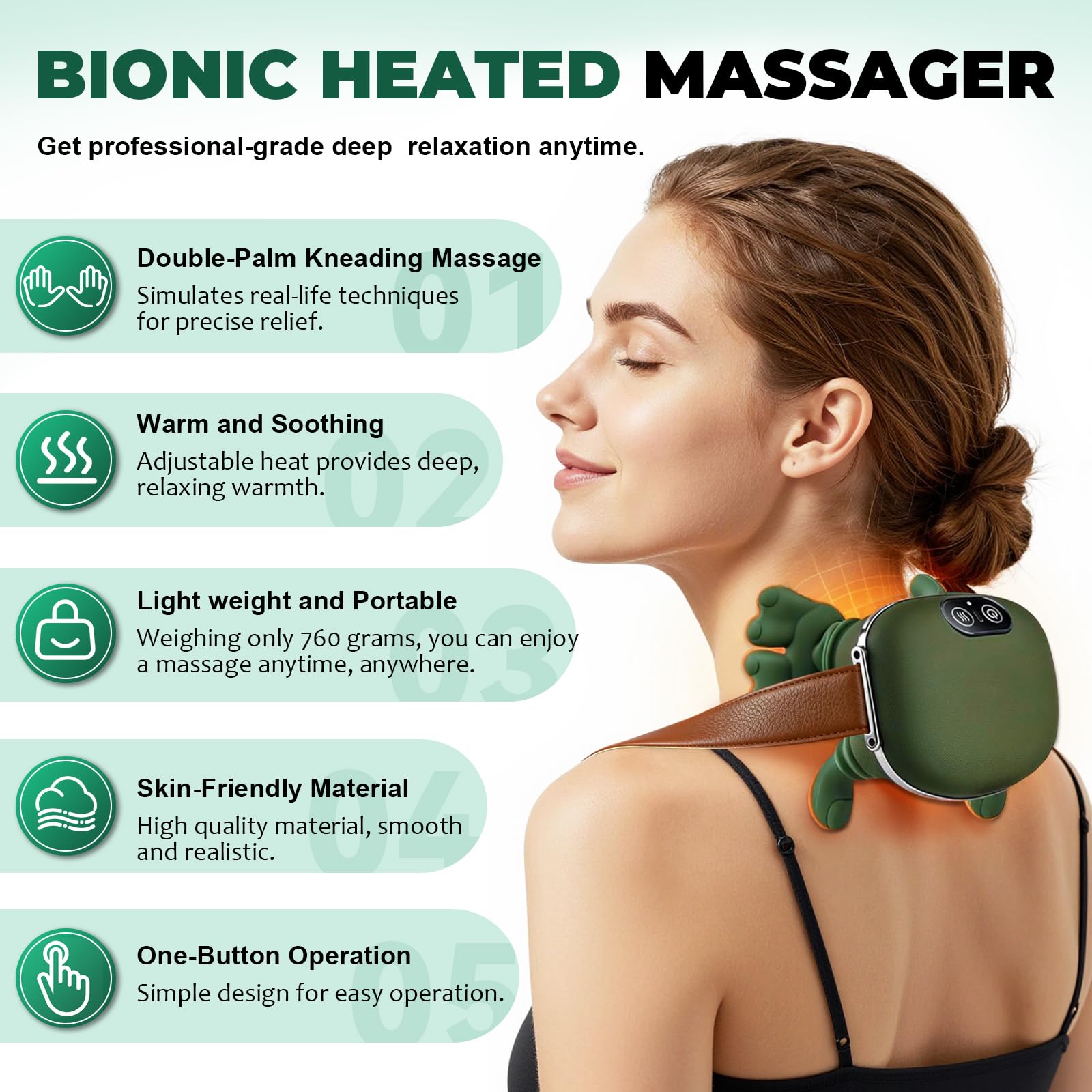 FODACEL bionic Shiatsu heads wrap around spine for upper back relief.