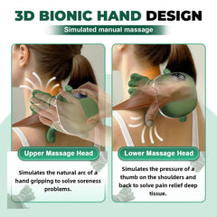 Lower massage head applies thumb pressure to shoulders.