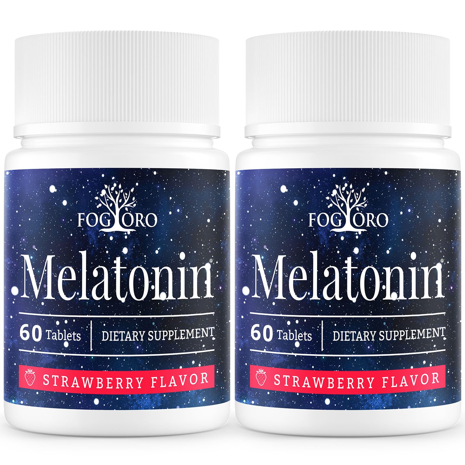 Fogoro Melatonin bottle close-up; two-month supply for easy bedtime routine.