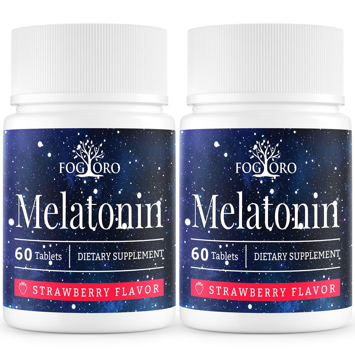 Fogoro Melatonin bottle close-up; two-month supply for easy bedtime routine.