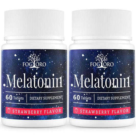 Fogoro Melatonin bottle close-up; two-month supply for easy bedtime routine.