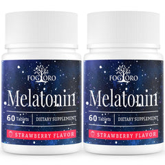 Fogoro Melatonin bottle close-up; two-month supply for easy bedtime routine.