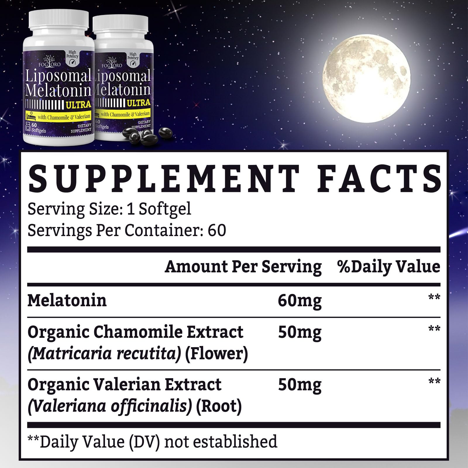 Fogoro melatonin with chamomile and valerian blend for a soothing evening